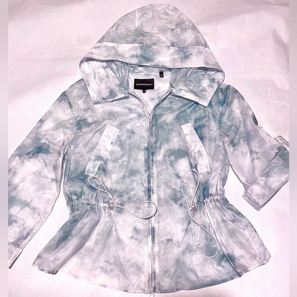 Like New Emporio Armani cloud-print hooded windbreaker jacket blue white sz 44 - Picture 12 of 17